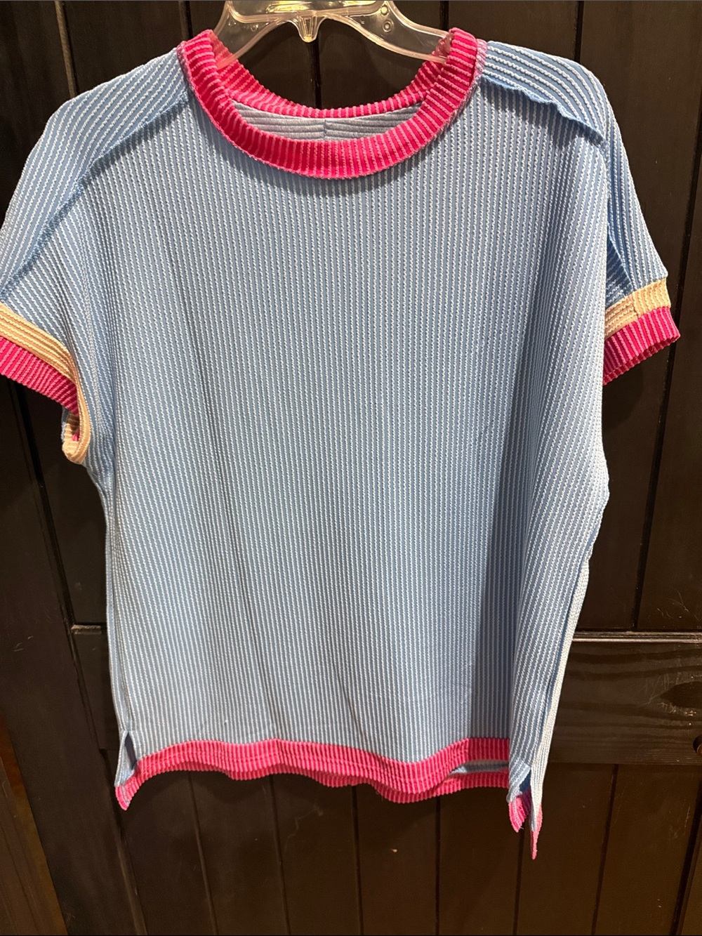 Scarlett Light Blue Ribbed Short Sleeve Top with Pink Trim